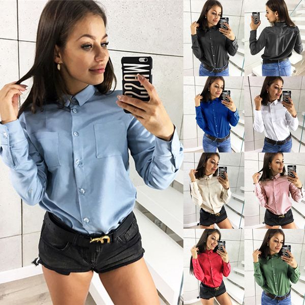

spring fashion summer features women's office lady formal party with long sleeve narrow collar blouse casual solid colors shirt, White