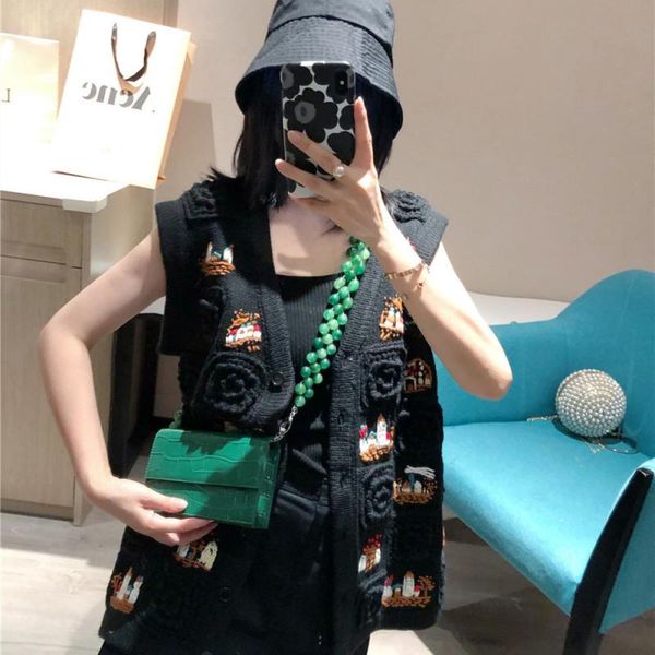 

women spring vintage knit embroidery sweater 2020 new handmade crochet wool vest cardigan black coat clothes, White