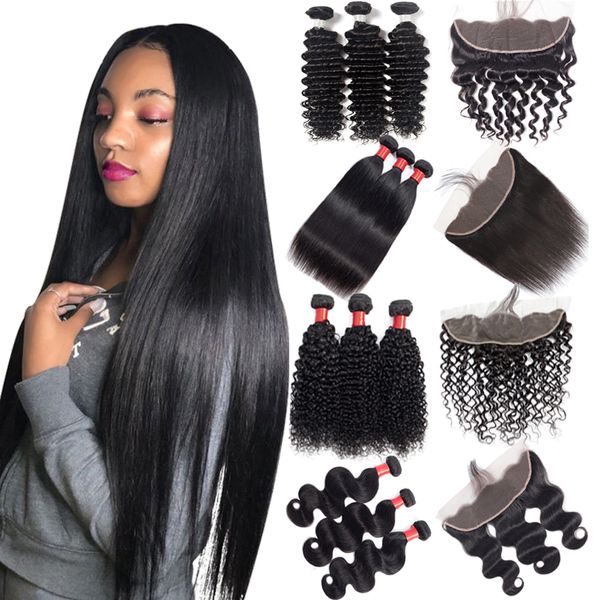 

brazilian deep wave virgin human hair bundles with frontal 13x4 ear to ear lace closure with bundles remy body wave silky straight hai, Black;brown