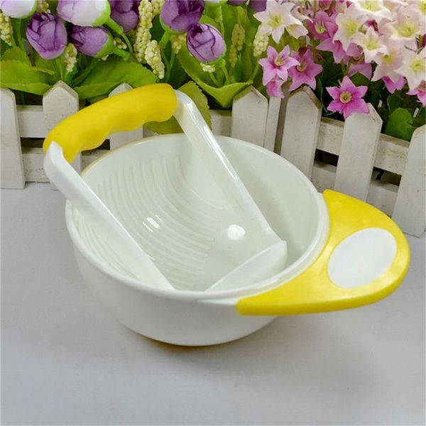 

Yellow white baby manual food fruit and vegetable grinding bowls Baby food supplement tool grinding bowl and grinding stick kit