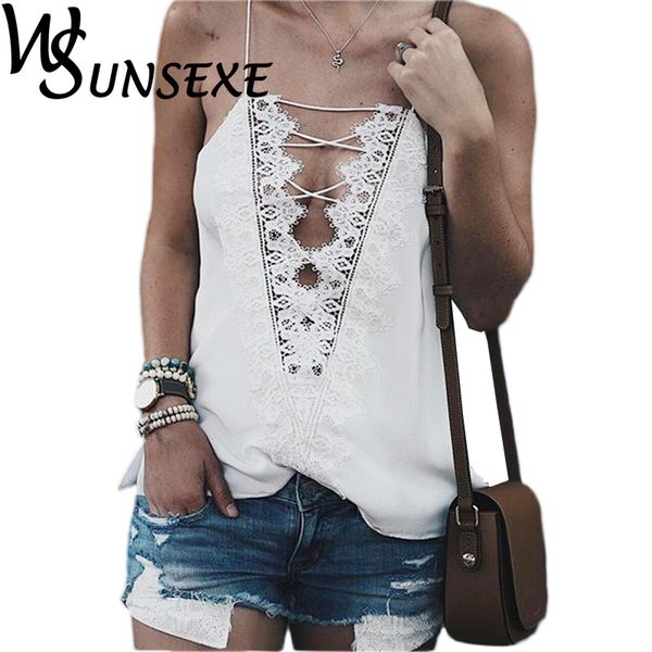 

wsunsexe women lace up tank clothes deep v neck 2017 fashion summer casual clothing vintage vest sleeveless camis, White