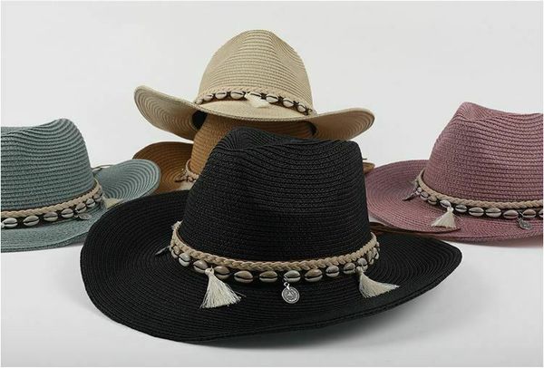 

ladies women summer beach outdoor hat wide brim straw hat derby beach foldable seashell tassel sun cap, Black