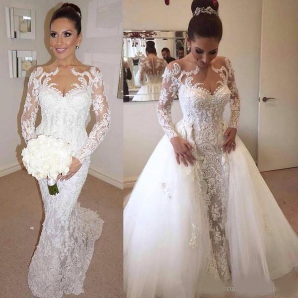 

2020 new illusion long sleeves lace mermaid wedding dresses tulle applique court bridal formal gowns zipper with button back wedding dress, White