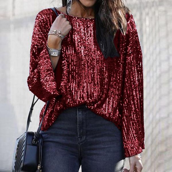 

sequined blouses women loose long shoulder glitter shirts spring tunics vintage streetwear party club wear pink black, White