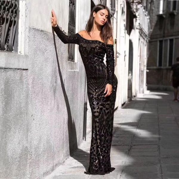 

casual dresses autumn bandage dress sequined slash neck celebrity nightclub fashion women evening party long, Black;gray