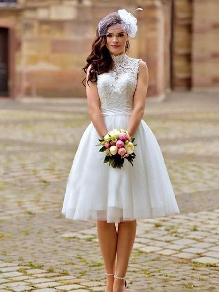 

elegant summer short wedding dresses high neck open back guipure lace and tulle knee length princess bridal gowns, White
