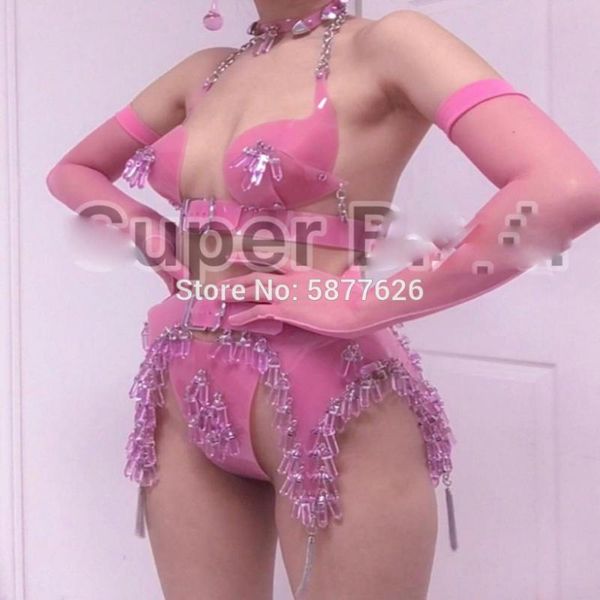 

charming pink hollow bar gogo party girl costume women stage wear future show party clothes, Black;red