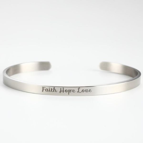 

fashion stainless steel cuff engraved bracelet faith hope love inspirational bangle for christmas day, anniversary day, thanksgiving day an, White