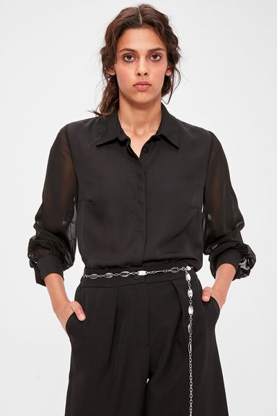 

trendyol black sleeve detail shirt twoaw20go0116, White