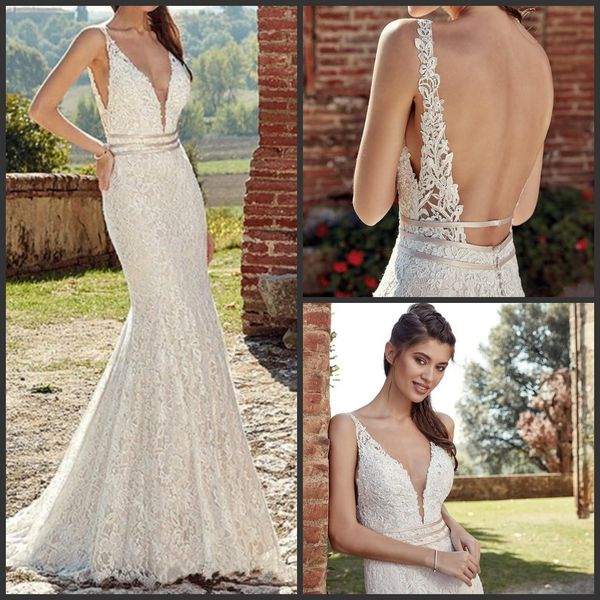 

2019 новый сексуальный eddy k русалка свадебные платья без рукавов v-образным вырезом кружева свадебные платья backless beach wedding dress, White