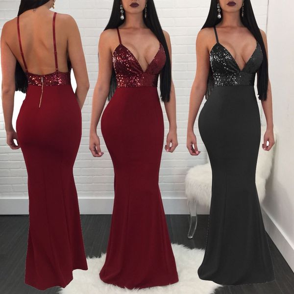

v collar sling dress fashion classic star style sequins black party lady backless evening dresses