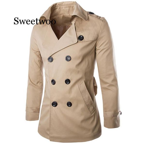 

mens trench coat 2020 mens mid length coat slim casual men solid adjustable waist male trench street wear style wind, Tan;black