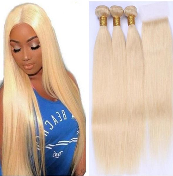 

русский weave волоса пучки 613 blonde связка с закрытием бразильских прямыми девой волосами пучков с закрытием, Black;brown
