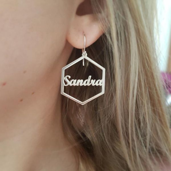 

1 pair personalized hexagon name earrings for women stainless steel custom any letters initials cursive nameplate jewelry gift, Golden;silver
