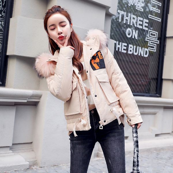 

woman short down jacket hooded autumn winter coat women korean racoon fur collar womens jackets abrigos mujer kj1006, Black