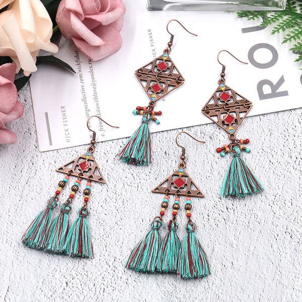 

european and american fashion triangle earrings exaggerated rice beads tassel fabric earrings, Golden