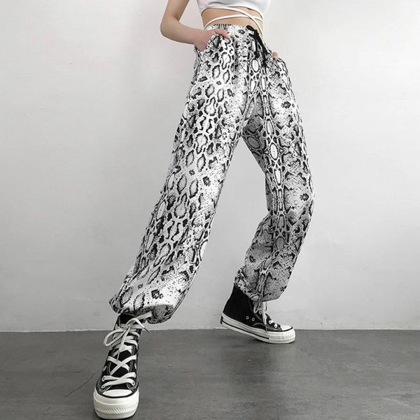 

snake skin print stree wear pants women casual elastic high waist pocket trousers streetwear womens joggers sweatpants, Black;white