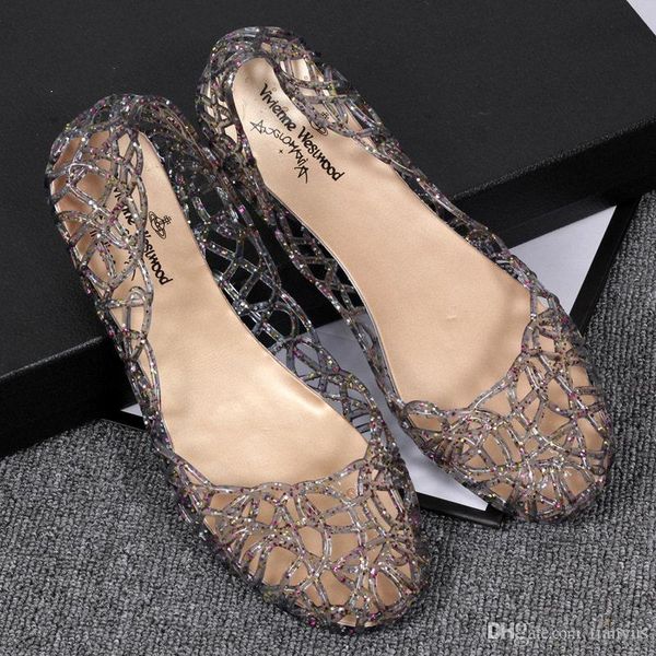 

plus size women jelly sandals mesh flats crystal jelly shoes 2019 summer beach sandals hollow out mesh flats slippers q-179, Black
