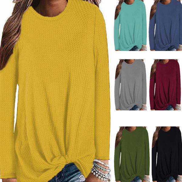 

женская дизайнерская вафля круглый вырез твист с длинным рукавом повседневная свободная футболка вязаный топ, White