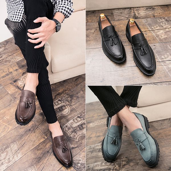 

leather shoes male leisure british wind stylist pointed tassels a pedal men's shoes, Black