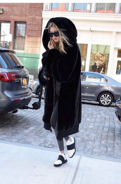

winter faux fur coat women long warm faux fur jacket coat casual hoodies loose pocket coat outwear casaco feminino, Black