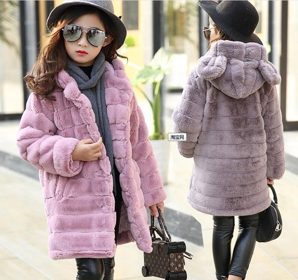 

winter new girls big children fashion solid color thick warm hooded long fluffy coat, Blue;gray