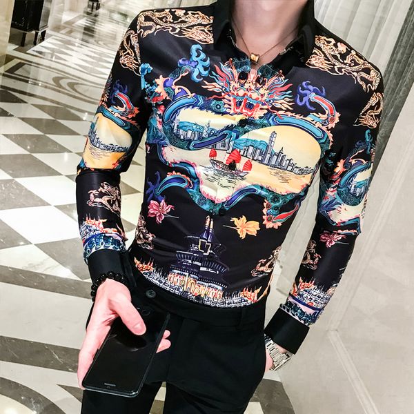 

man self-cultivation long sleeve shirt male flower shirt masculina slim fit korean club outfits blusas social vetement homme, White;black