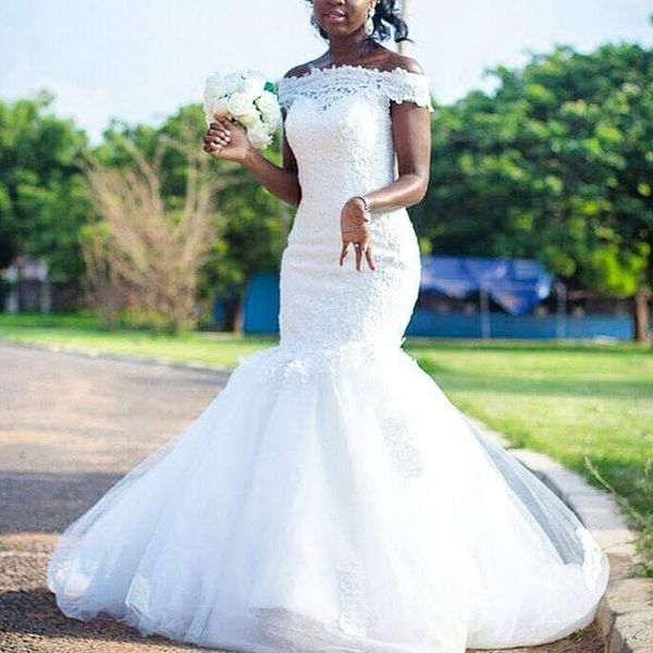 

pretty african mermaid wedding dress country designer off the shoulder with sleeves lace applique bridal gowns, White