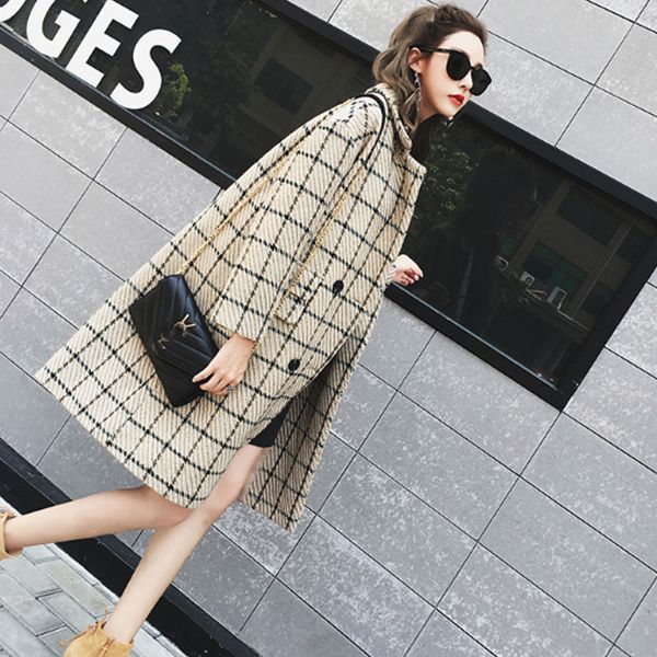 

2019 cocoon plaid coat women coats female overcoat spring long blend woolen cotton warm outerwear casaco winter, Black
