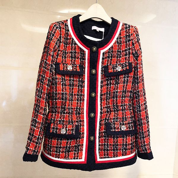 

shtonghua autumn winter tweed jacket coat women's o neck long sleeve red plaid patchwork woolen elegant runway overcoat jackets, Black;brown