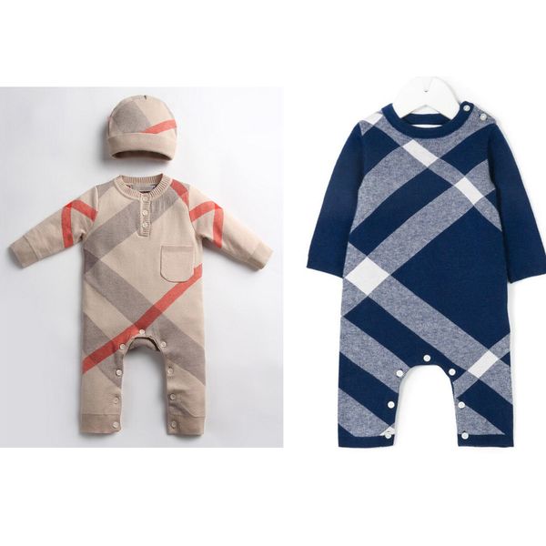 

retail baby plaid knitted sweater romper with cap cotton rompers newborn baby bodysuit children one-piece onesies jumpsuits climbing clothes, Blue