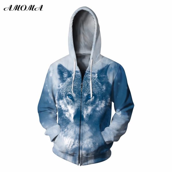 

amoma realistic 3d digital print pullover zip hoodie sweatshirt snow wolf, Black