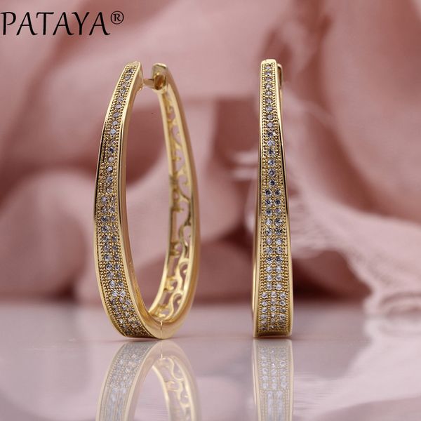 Pataya Nuovo Orecchino Grande Cerchio Irregolare Gioielli Moda Donna 585 Oro rosa Bianco Micro Intarsio in cera Zircone naturale Orecchini pendenti Y19050901