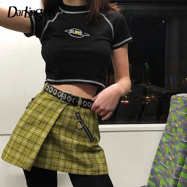 

darlingaga ребристого black bodycon stripe line майк женщина повседневных письмо вышивка crop top основные футболка тонкого tee shirt femme, White