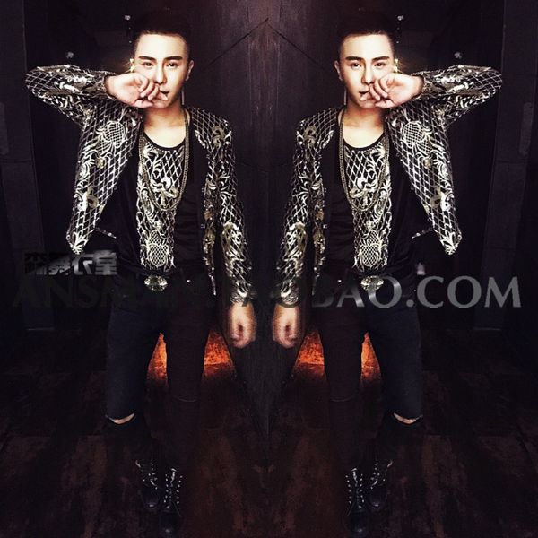 

2019 new male singer dj personalized embroidery court small suit jacket men's stage costume suit, White;black