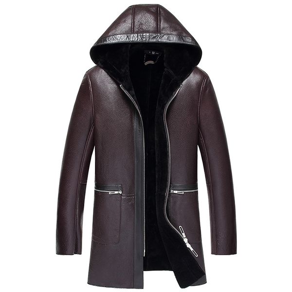 

2019 winter genuine leather jacket men wool coats new thick casual male hooded leather jackets, Black
