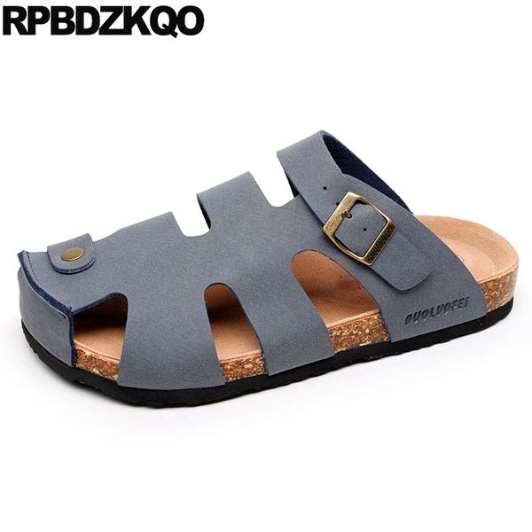 

roman large size closed toe fashion slippers cork shoes leather men gladiator sandals summer casual soft slip on 45 mules slides, Black