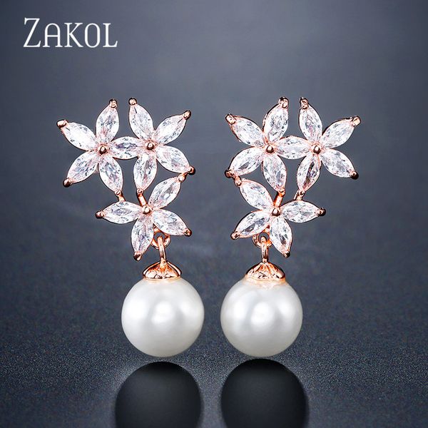 

zakol fashion white color cz crystal & simulated pearl drop earrings for women brides zirconia flowers jewelry fsep2386, Silver
