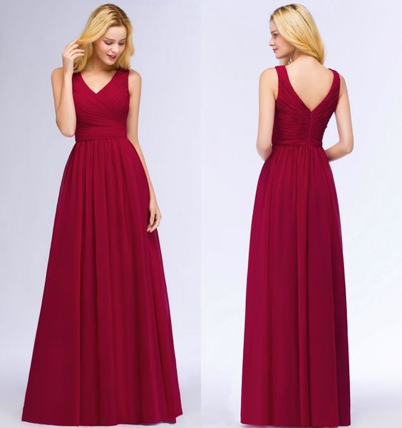 

a-line v-образным вырезом бургундия платья невесты без рукавов рябить шифон свадебная одежда с застежкой-молнией назад платья фрейлины sh424, White;pink