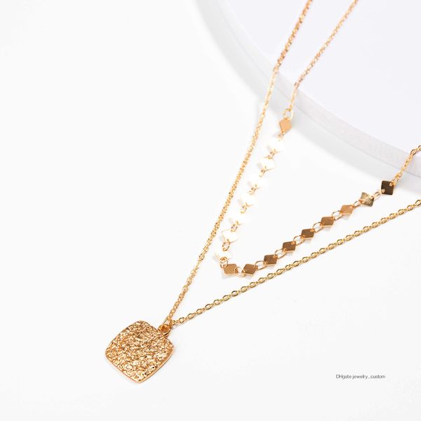 

concise wind ma'am multi-storey necklace 18k gold square metal pendeloque cut necklace clavicle chain, Silver