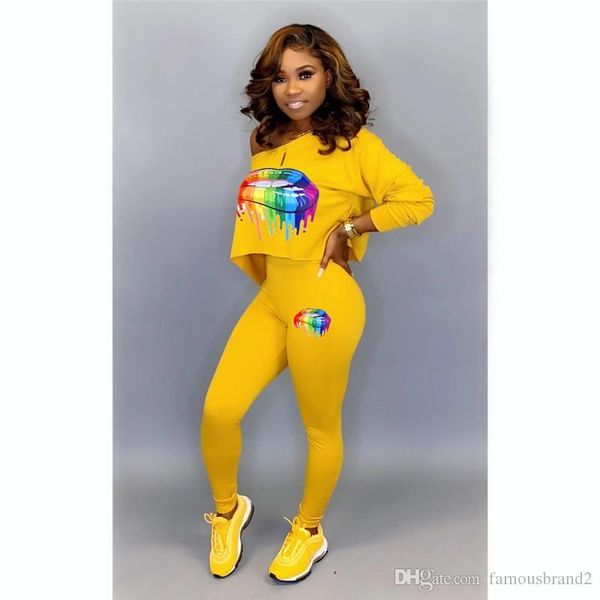 

womens rainbow mouth 2pcs sets designer sloping shoulder long sleeve printed womens two pieces pants fashion solid color skinny suits, White