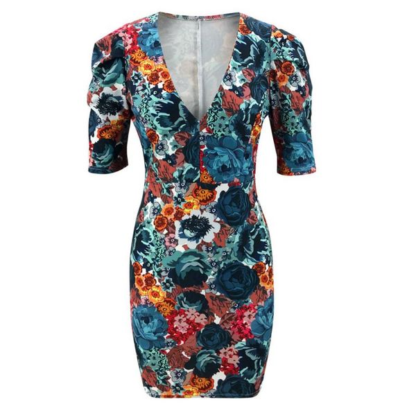 

women's summer deep v-neck dresses puff sleeve pleated bodycon dress fashion slim floral prints clothing, White;black