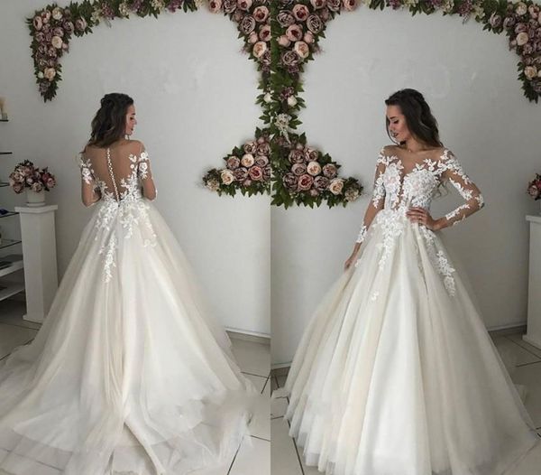 Abito da sposa a maniche lunghe a buon mercato Abito da sposa di alta qualità Una linea in pizzo Appliques Country Garden Church Abito da sposa formale Custom Made Plus Size