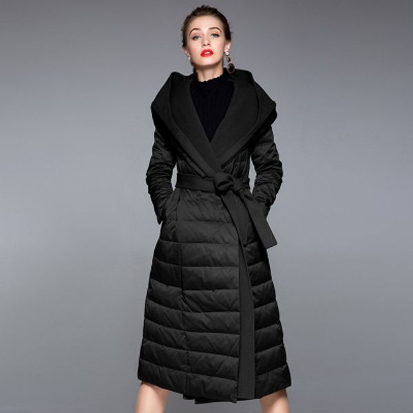 

2019 autumn and winter punk style new stitching white duck down jacket female long section with hooded padded winter coat, Black