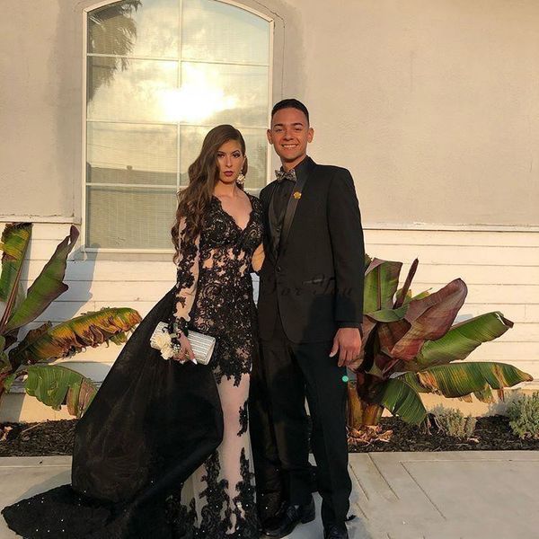 

2020 classic black mermaid evening dresses with detachable train see through skirt v neck long sleeves illusion bodice appliques prom gowns