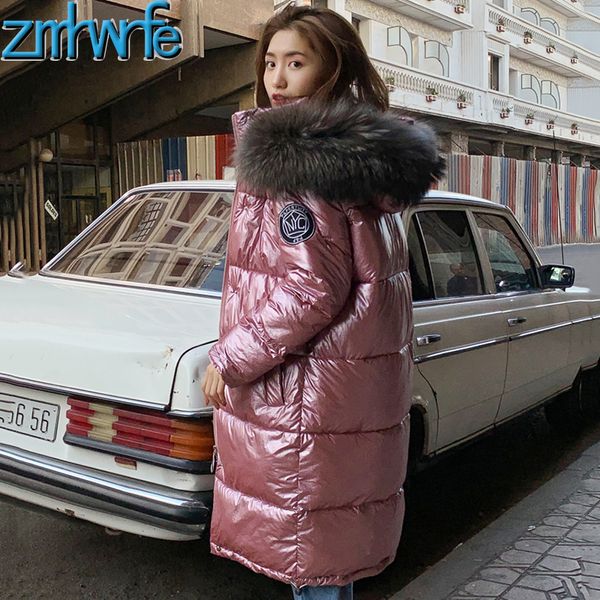 

2019 winter jacket women warm thicken hooded with fur long coat shining fabric stylish female parka, Tan;black