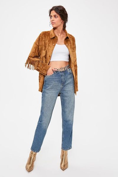 

trendyol dark blue high waist straight jeans twoaw20je0100