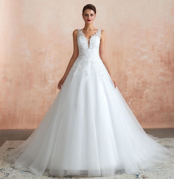 

custom made white sheer bodice wedding dresses illusion deep v-neck vestidos lace sequins long bridal gowns a-line bride dress