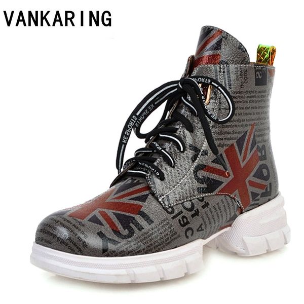 

fashion print leather zipper ankle boots platform lace-up waterproof autumn winter snow boots woman girls sneakers casual shoes, Black