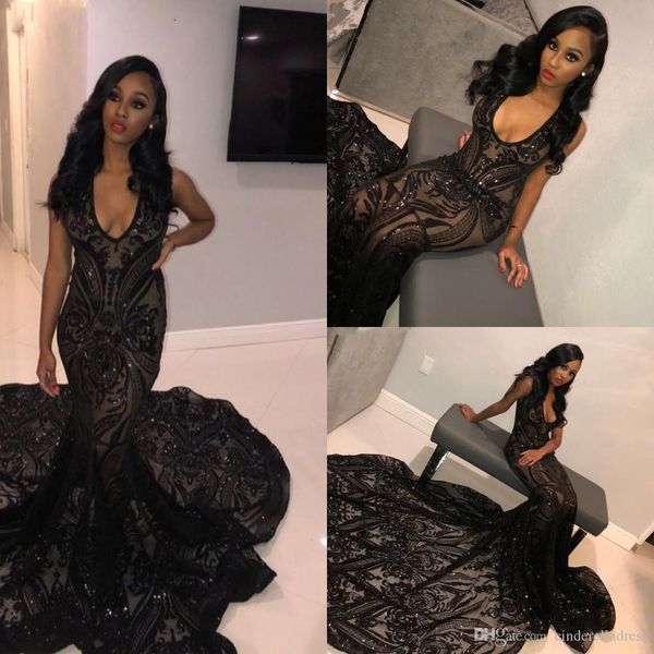 

2019 black mermaid prom dresses v neck sequin appliqued lace custom made evening gowns with chapel train sleeveless formal party gowns, Black;red